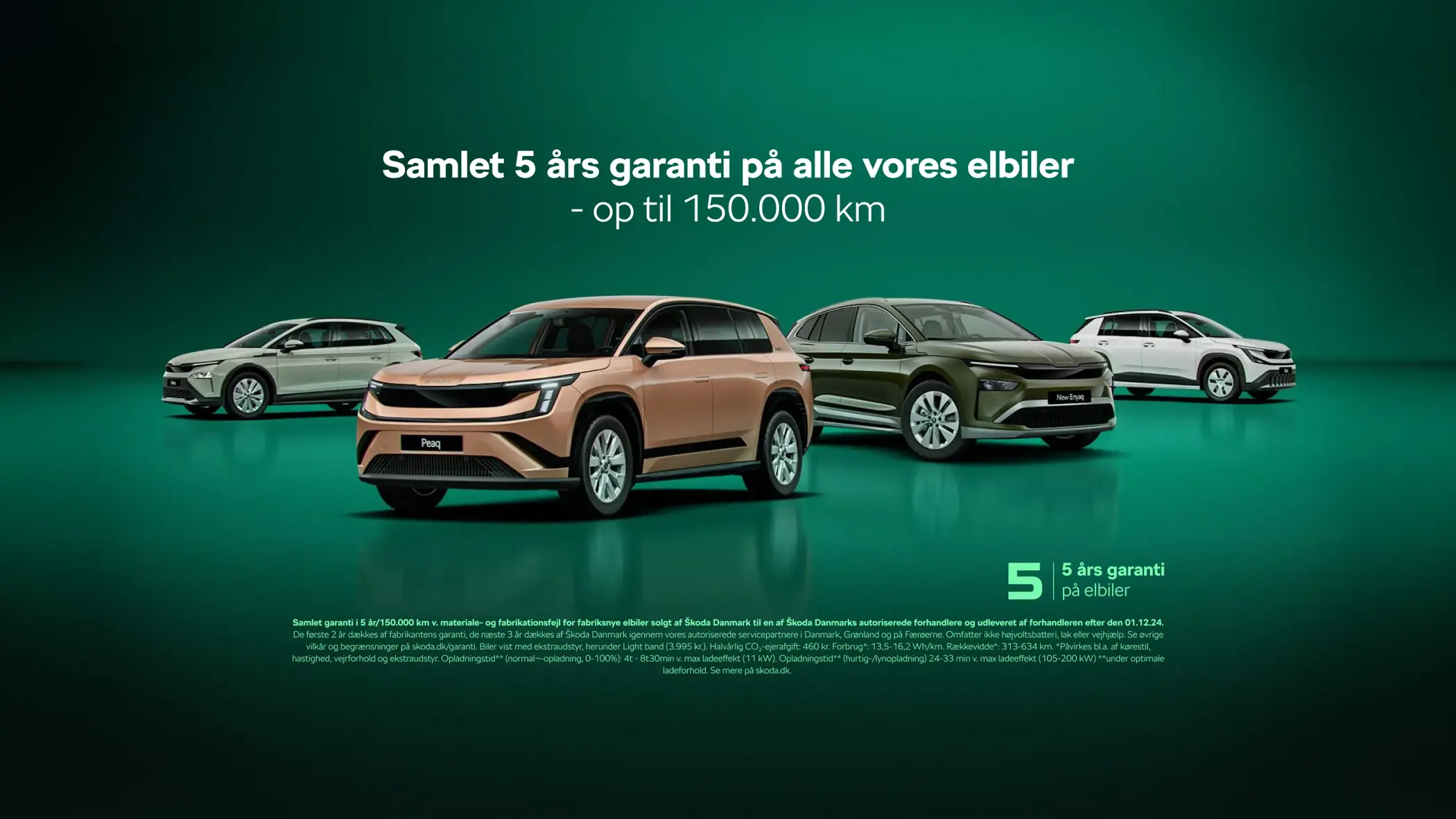 Reklamebillede med fire Škoda elbiler på grøn baggrund og teksten “Samlet 5 års garanti på alle vores elbiler – op til 150.000 km”.